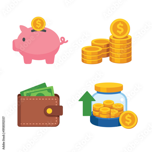 Money Saving Icons With Piggy Bank With Coins