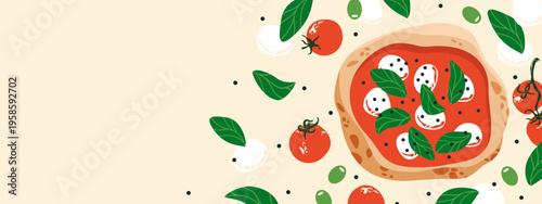 Pizza Margherita banner. Italian pizza with tomatoes mozzarella cheese basil ingredients, delicious fast food snack, traditional mediterranean cuisine. Vector pizzeria promo poster