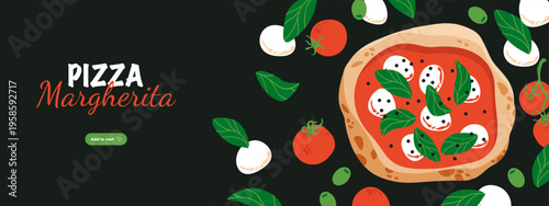 Pizza Margherita banner. Italian pizza with tomatoes mozzarella cheese basil ingredients, delicious fast food snack, traditional mediterranean cuisine. Vector pizzeria web menu poster