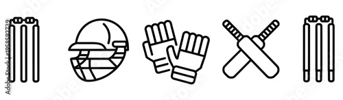 Cricket equipment black line icon set on white background, sports game accessories design, vector illustration collection for sporting apps