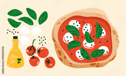 Margherita pizza ingredients. Italian traditional pizza dough with tomato sauce, mozzarella cheese, basil and olive oil, mediterranean fast food pizzeria promo poster. Vector flat set