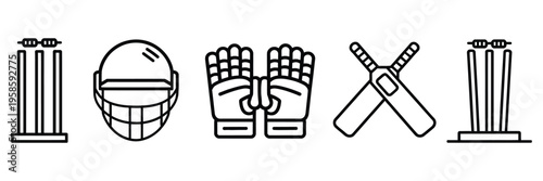 Cricket equipment black line icon set on white background, minimal sports game accessories design, clean outline vector icons for cricket