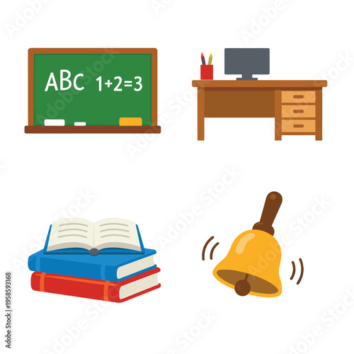 School Classroom Icons Education At Desk With Blackboard
