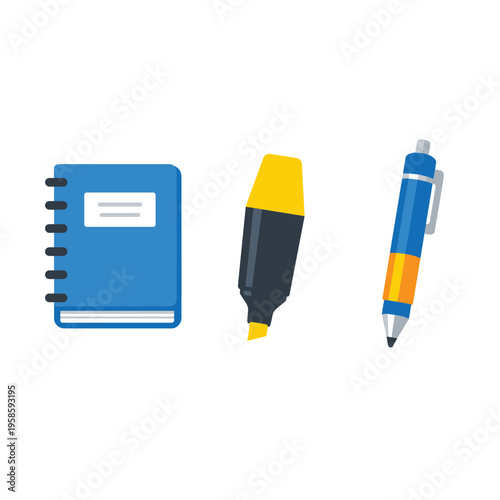 Study Supplies Notebook Highlighter Pen Vector Illustration