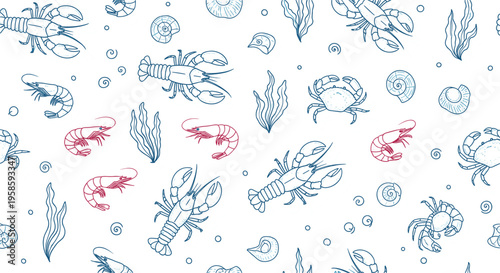 Seamless seafood pattern featuring hand drawn lobster crab shrimp and seashell sketches in blue and red for restaurant menus nautical wallpaper and Mediterranean kitchen textiles