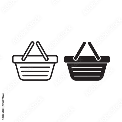 Two black and white line art illustrations of woven picnic baskets