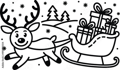 Animated reindeer gallops forward pulling a sleigh packed with presents across snowy hills under falling snow