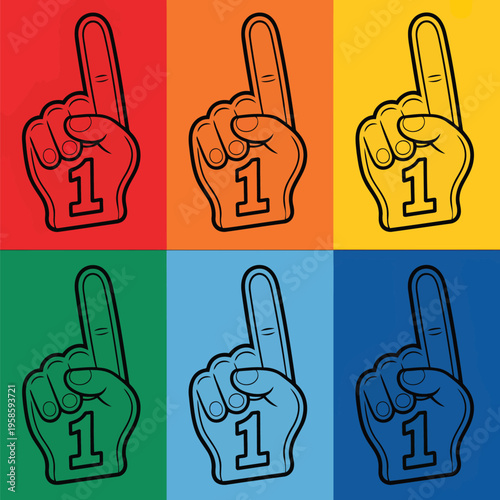 Pop art style grid illustration featuring multi-colored foam fingers with '1' symbol, representing fan support, celebration, and victory.