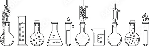 Comprehensive collection of laboratory glassware icons featuring beakers Erlenmeyer flasks graduated cylinders and boiling tubes with distillation coils for scientific research and education