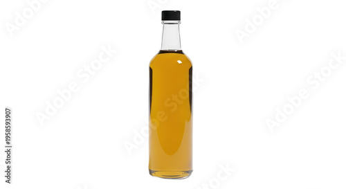 Clear Glass Bottle Mockup with Golden Liquid and Green Cap Isolated on Transparent Background