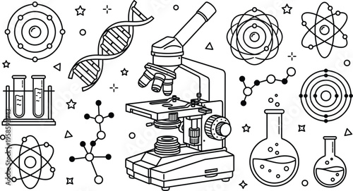 Comprehensive science laboratory set featuring a large professional microscope DNA helix atomic models and chemical glassware for advanced biological research and academic education