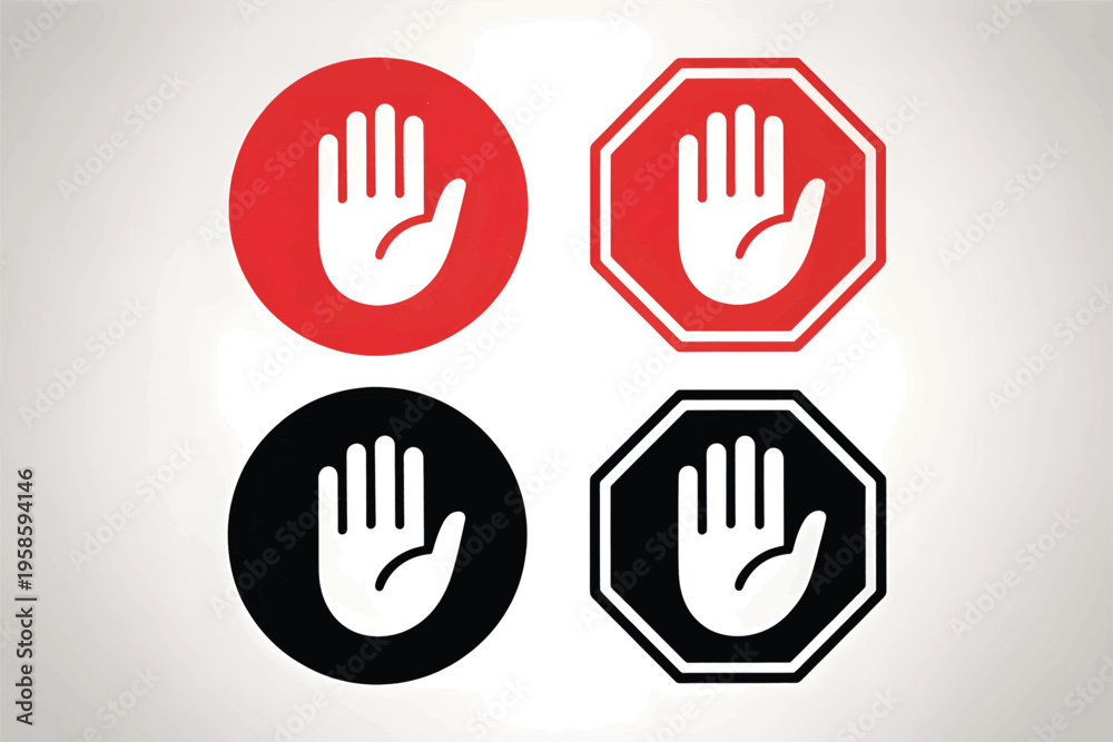 Fototapeta premium Digital vector illustration of various stop hand symbols, including red circular, red octagonal, black circular, and black octagonal warning icons.