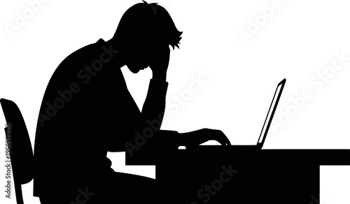 Freelancer burnout working late night laptop silhouette black and white.