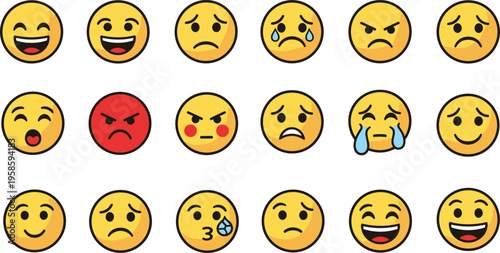 Emoji faces expressions set with happy sad angry crying moods cartoon vector illustration collection