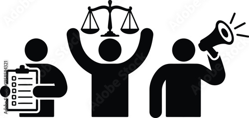 Black silhouette icons depict legal processes, public announcements, and pending task management