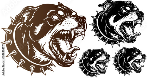 Set of 4 angry dog head vector icons