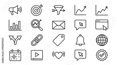 Set of 20 Black Outline Marketing and SEO Vector Icons
