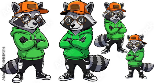Set of 4 racoon characters in green hoodies vector