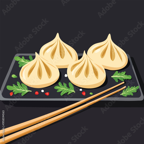 Delicious dumplings on a plate with chopsticks on dark background