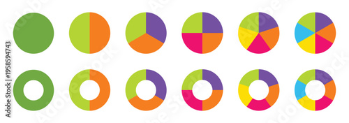 Set of colorful pie charts. Colorful pie charts with varying segments. Circle section graph. Pie chart set. Pie charts diagrams. Different color circles. donut and pie chart infographic elements set