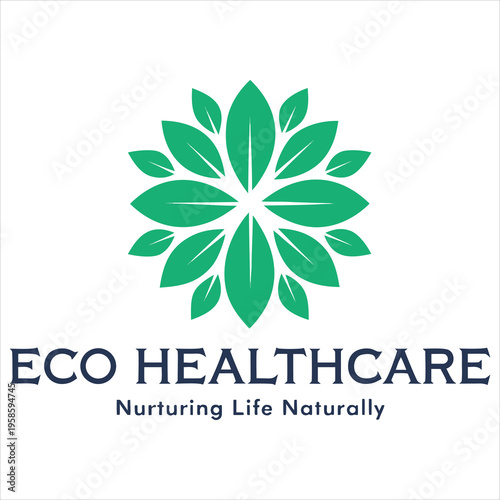 Eco healthcare logo with green leaves forming a circular pattern above text.