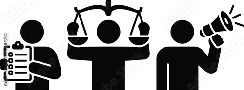 Black silhouette icons showcase legal judgment, effective communication, and completed task management