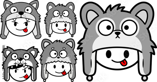 Set of 5 cartoon wolf faces vector illustrations