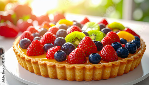 Fresh Berry Tart and Pancakes with Golden Light Background