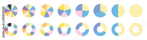 Pie chart color icons. Segment slice sign. Circle section graph. 1,2,3,4,5,6,7,8 segment infographic. UI, web design, business presentation. Vector illustration.