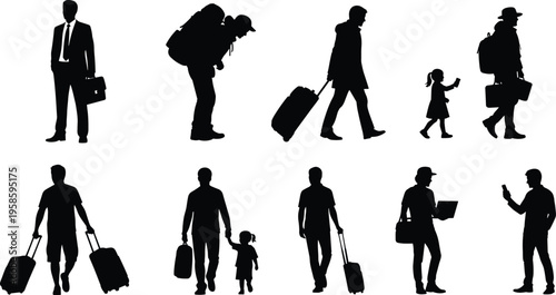 Travelers and Family Journey Silhouette Set with Luggage, Business Trips, Vacation Walking Scenes and Airport Movement Illustration