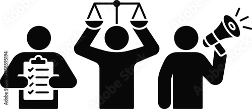 Black silhouette symbols illustrate legal equity, public outreach, and successful project completion