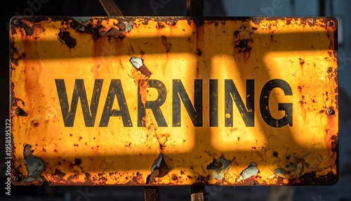 Rusted Metal Warning Sign with Bold Black Text