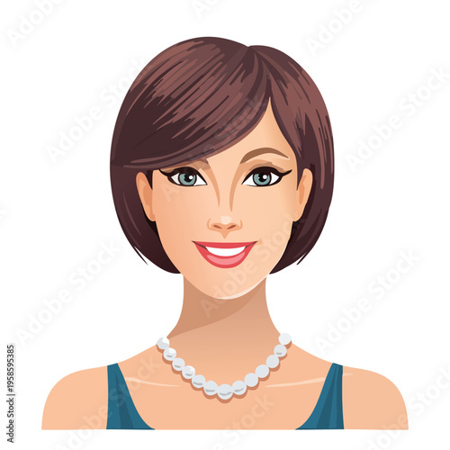 Woman with bob hairstyle wearing a pearl necklace and blue top vector portrait