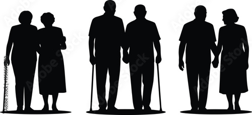 Black silhouettes of three senior couples standing together holding walking sticks on a clean white background