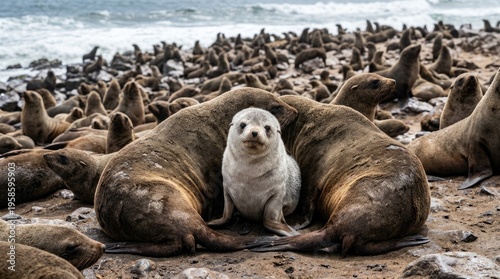 White seal pup surrounded by brown elephant seals on sandy beach