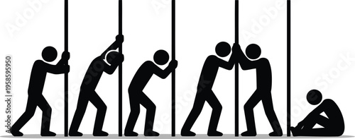 Black stick figures are seen pushing against vertical bars with one figure sitting in defeat