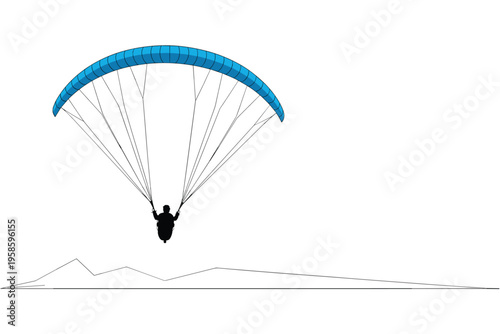 Paraglider with blue canopy flying over mountains, adventure travel concept with copy space