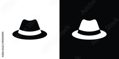 Black and white fedora hats with white and black bands on white and black backgrounds