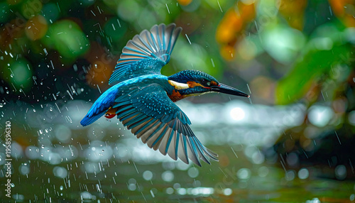 Kingfisher Bird Flapping Wings Above River