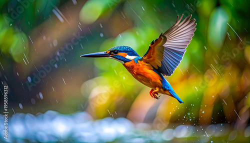 Kingfisher Bird Flapping Wings Above River