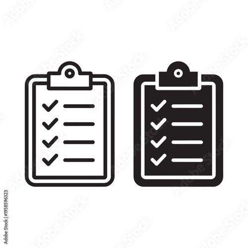 Two black outline icons depicting clipboards with checkmarks and lines