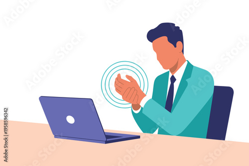 Man Experiencing Wrist Pain While Working on Laptop, office health concept with copy space