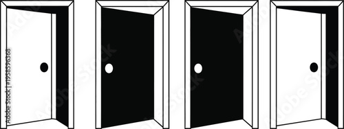 Four types of door knobs and handles in a closed door configuration
