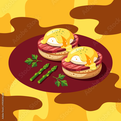 A vibrant stylized hand drawn illustration of classic Eggs Benedict with Canadian bacon, poached egg, Hollandaise sauce and asparagus. National Eggs Benedict Day, April 16th.