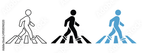 Crosswalk sign, pedestrian crossing the road icon, person walking cross the road, zebra  illustration, man walk symbol, human safety sidewalk, minimal line art vector collection for 