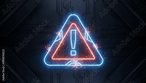 Neon warning sign on dark futuristic background