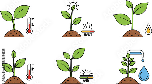 Plant growth conditions icons set with temperature heat sunlight water factors vector illustration collection