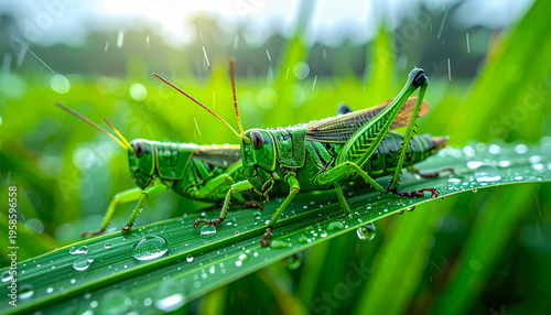 Grasshopper on Rice Leaf with Dew After Rain