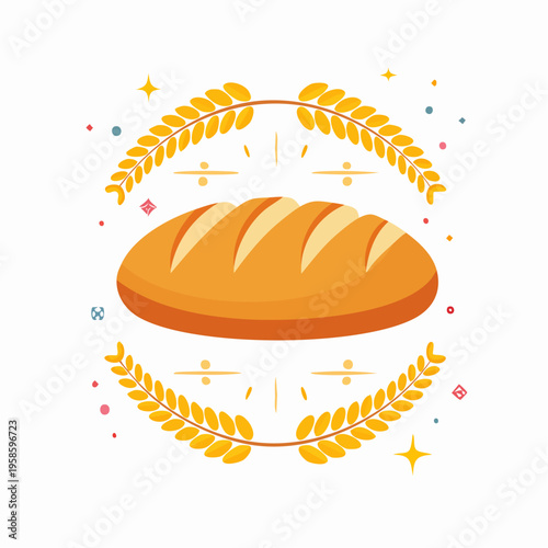 Loaf of bread with wheat stalks and festive harvest elements