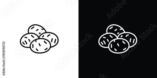Black and white of three potatoes side by side on white and black backgrounds line simple minimalistic